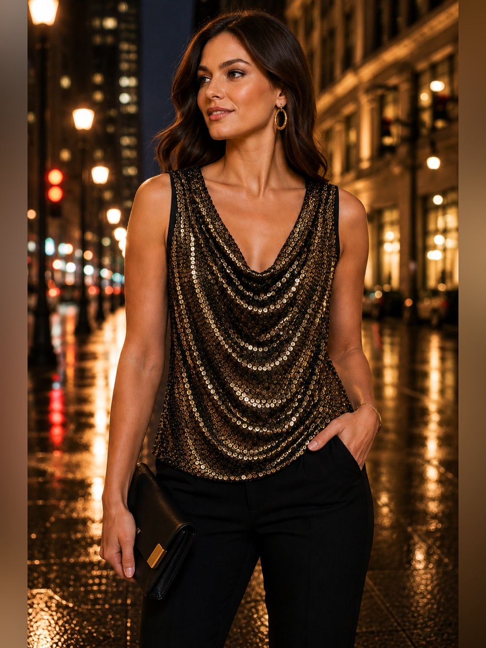 MICHAEL MICHAEL KORS $168 Black Gold Sequin Drape Cowl Neck Rayon Tank Top L